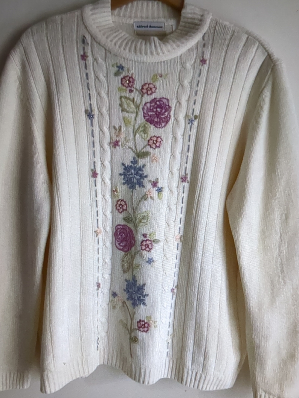 Vintage Y2k Floral Embroider Sequin Alfred Dunner Cable Knit Sweater Cottage 2X